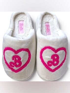 Barbie White and Pink Heart Plush Slippers